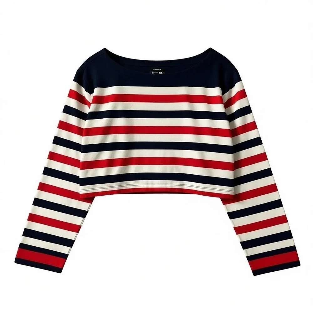 Coastal Preppy Patriotic Red White Blue Nautical Stripe Crop Top Fisherman Large